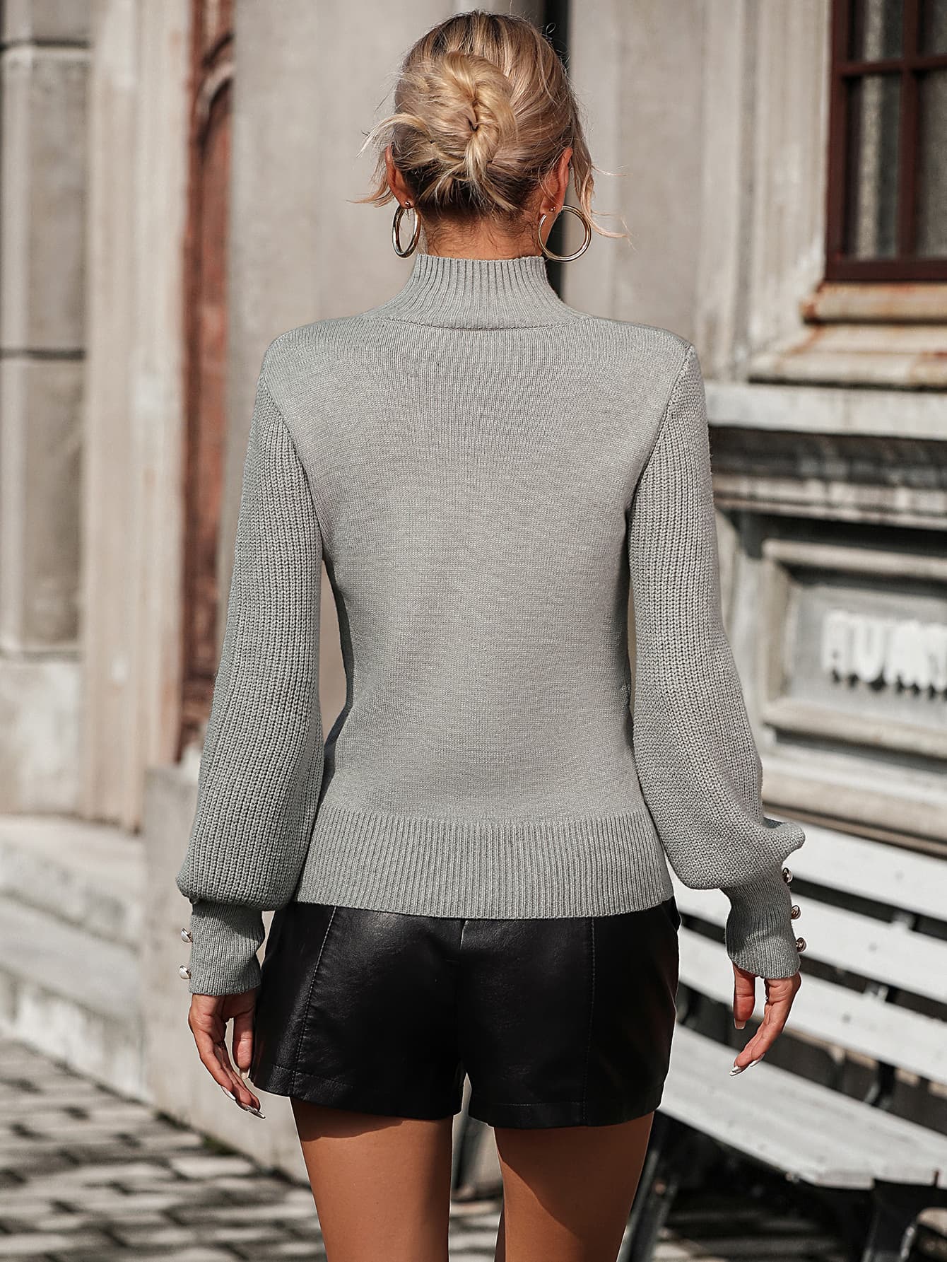 Mock Neck Ribbed Lantern Sleeve Pullover Sweater - Pahabu - Women's Clothing & Shop