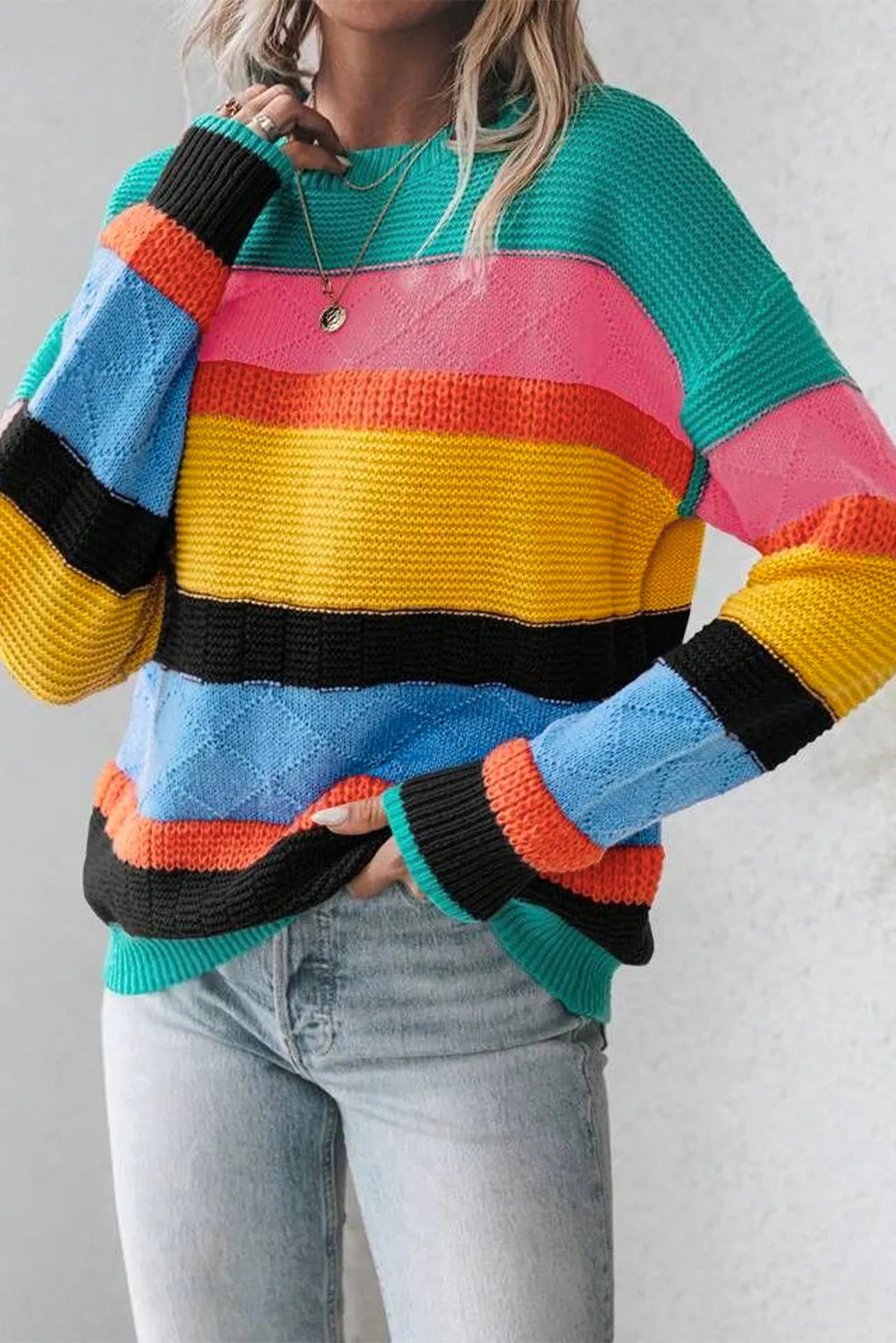 Contrast Round Neck Dropped Shoulder Sweater - Pahabu - Women's Clothing & Shop