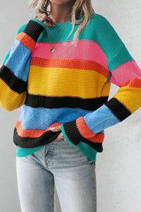 Contrast Round Neck Dropped Shoulder Sweater - Pahabu - Women's Clothing & Shop