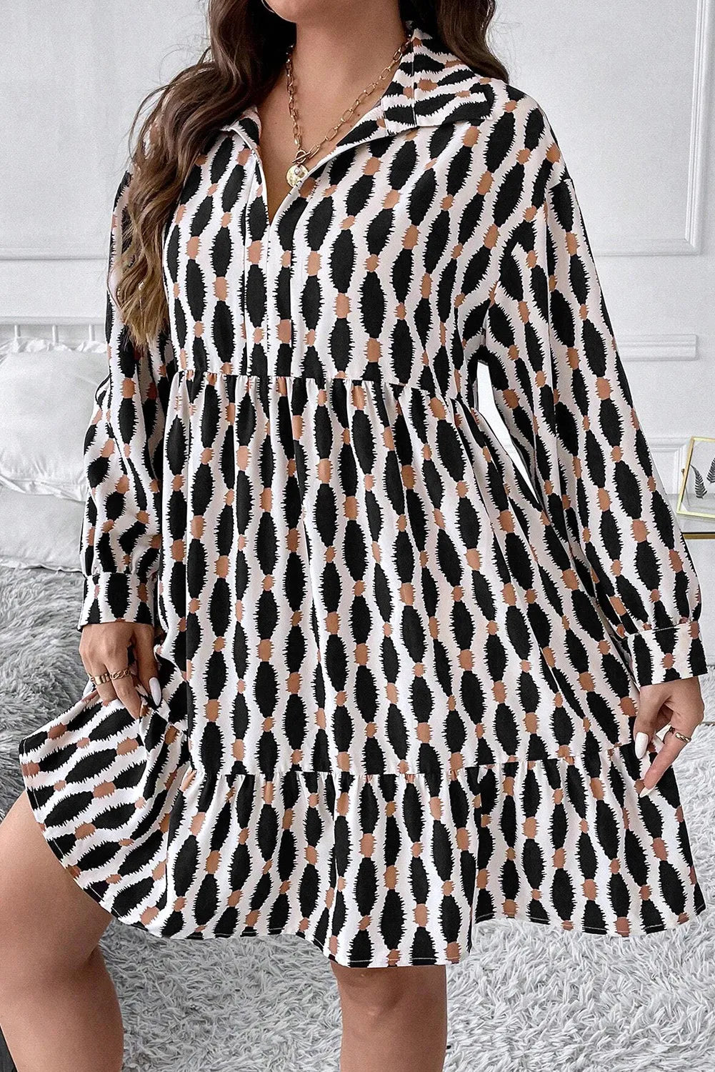 Plus Size Printed Johnny Collar Long Sleeve Dress - Pahabu - Women's Clothing & Shop