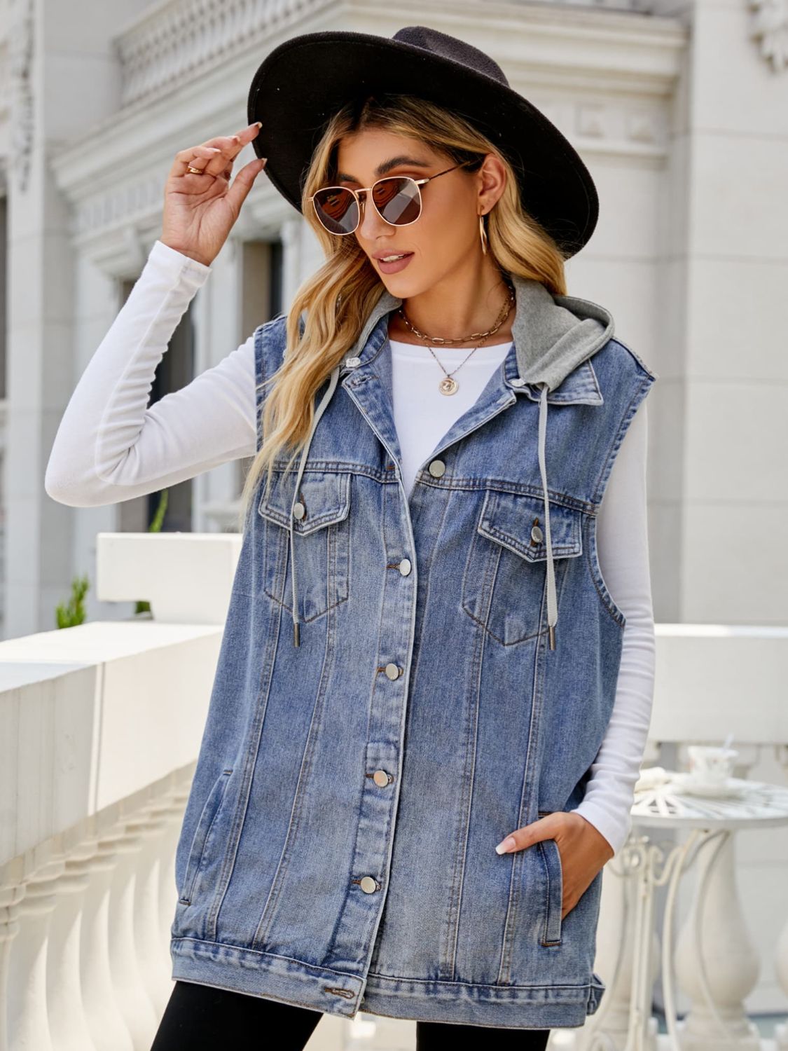 Drawstring Hooded Sleeveless Denim Top with Pockets - Pahabu - Women's Clothing & Shop