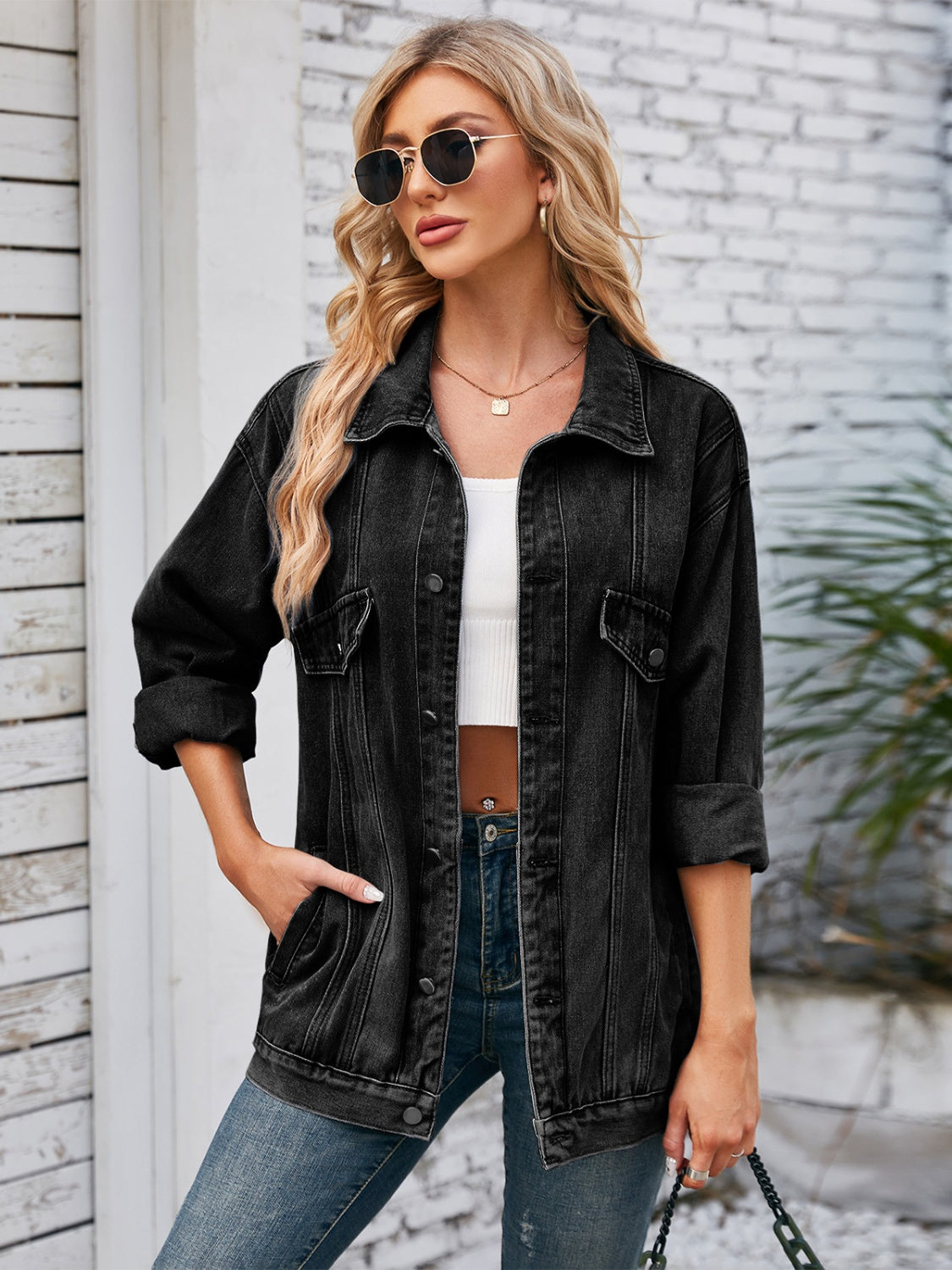Button Up Long Sleeve Denim Jacket - Pahabu - Women's Clothing & Shop