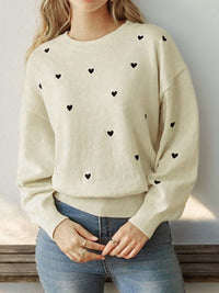 Perfee Heart Round Neck Long Sleeve Knit Top - Pahabu - Women's Clothing & Shop