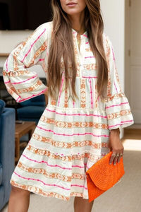 Frill Printed Notched Long Sleeve Dress - Pahabu - Women's Clothing & Shop