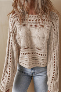 Openwork Cable Knit Long Sleeve Sweater - Pahabu - Women's Clothing & Shop