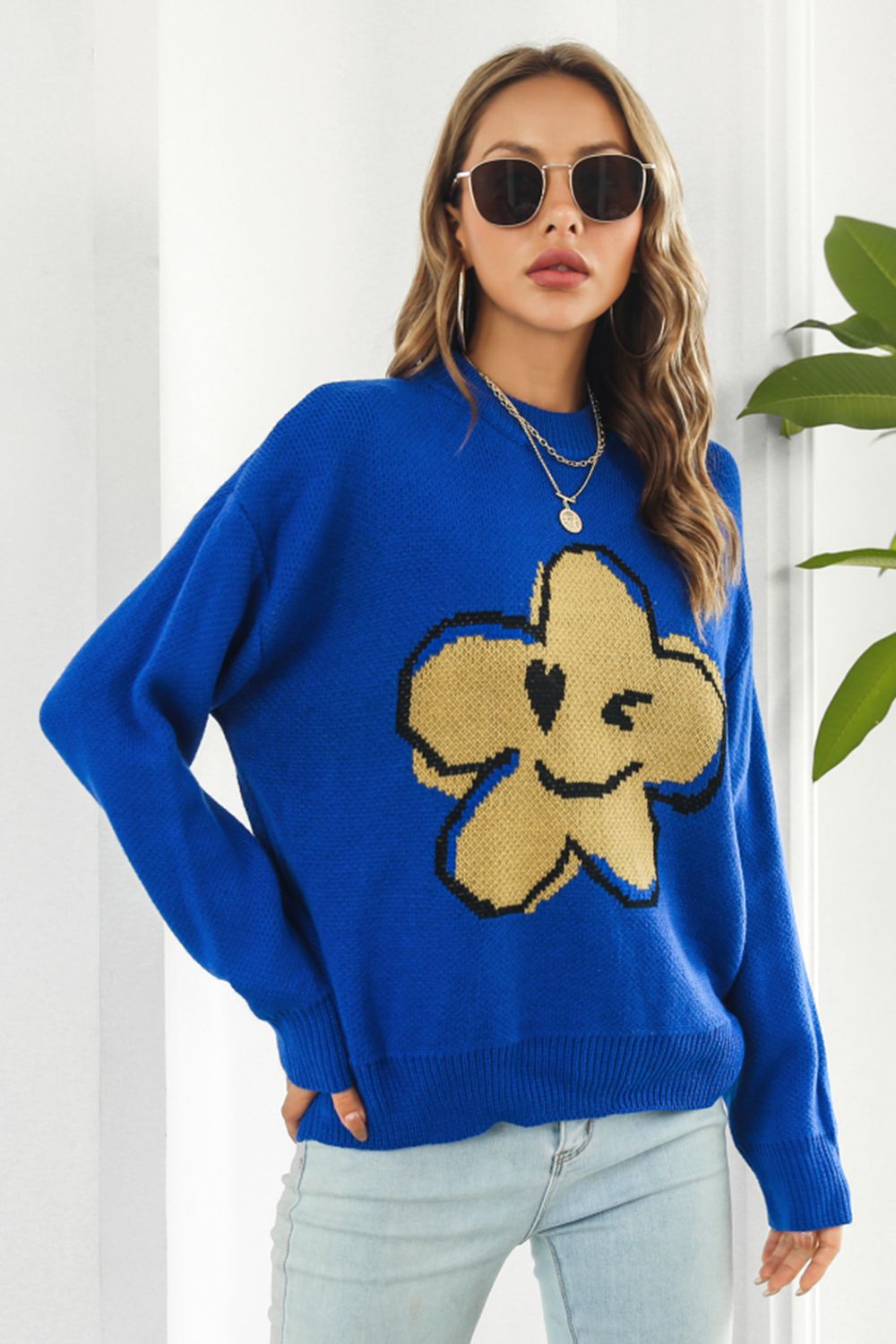 Flower Graphic Drop Shoulder Sweater - Pahabu - Women's Clothing & Shop