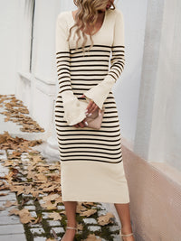 Devine Striped V-Neck Long Sleeve Sweater Dress - Pahabu - Women's Clothing & Shop