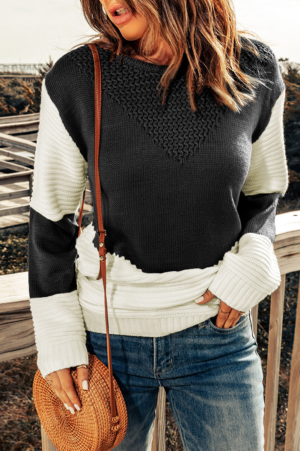 Woven Right Two-Tone Openwork Rib-Knit Sweater - Pahabu - Women's Clothing & Shop