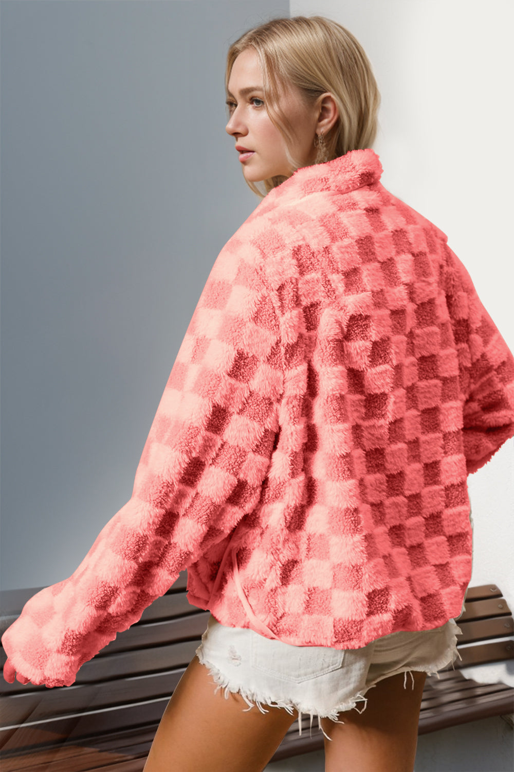 Double Take Checkered Long Sleeve Fuzzy Jacket - Pahabu - Women's Clothing & Shop