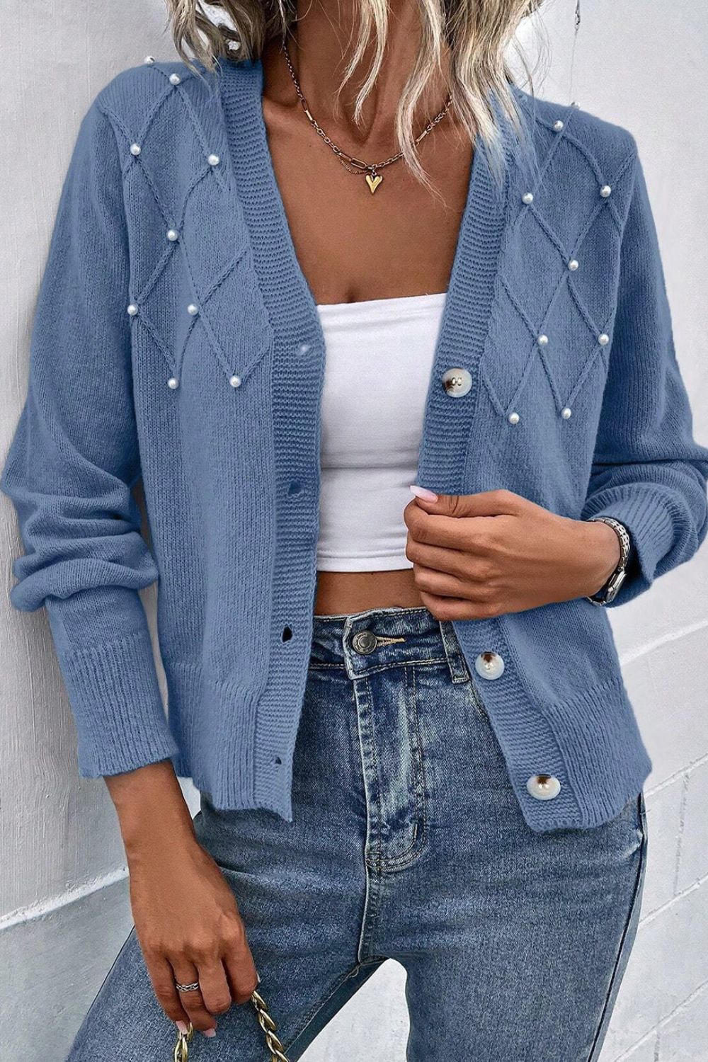 Beaded V-Neck Button Up Long Sleeve Cardigan - Pahabu - Women's Clothing & Shop