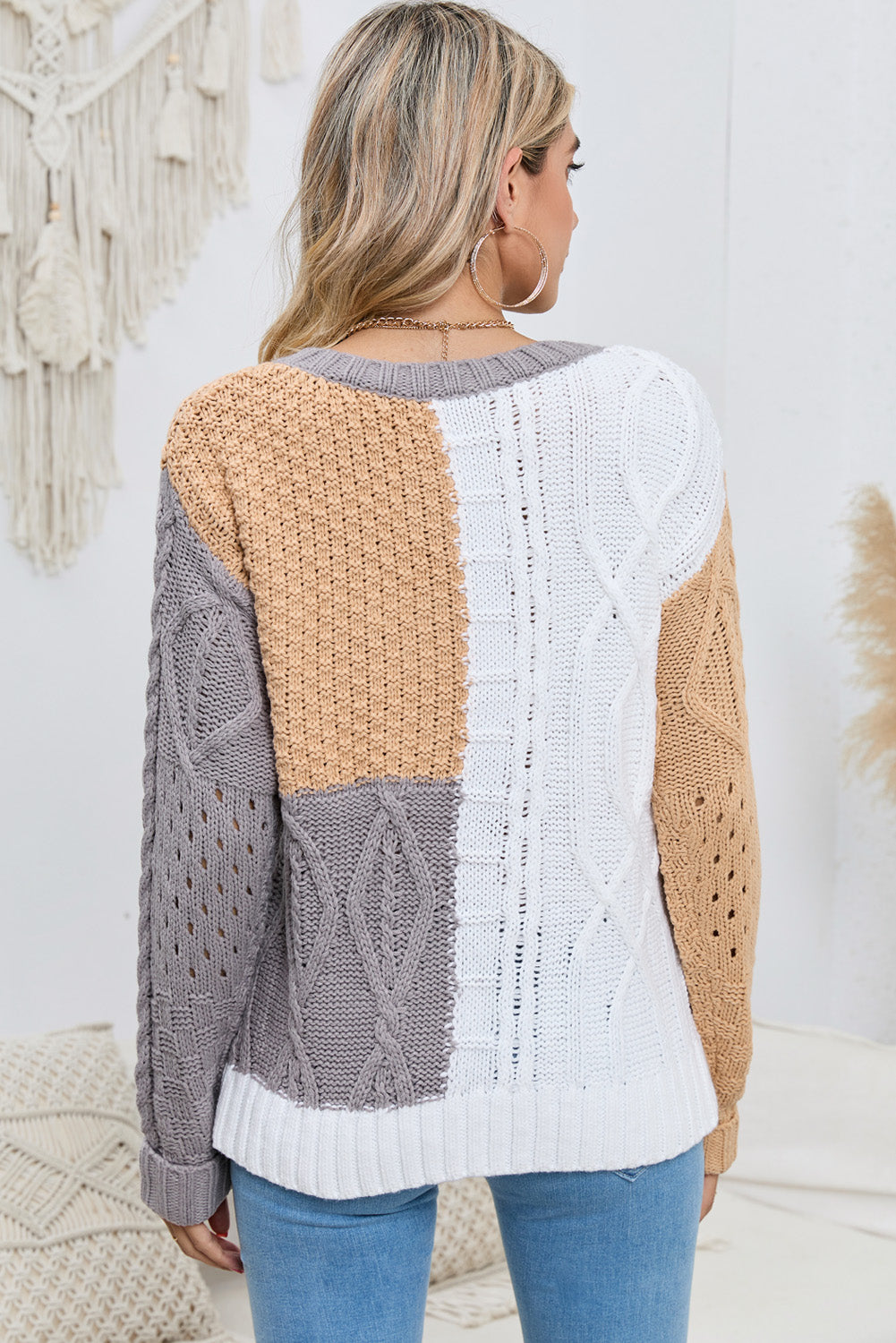 Cable-Knit Openwork Round Neck Color Block Sweater - Pahabu - Women's Clothing & Shop