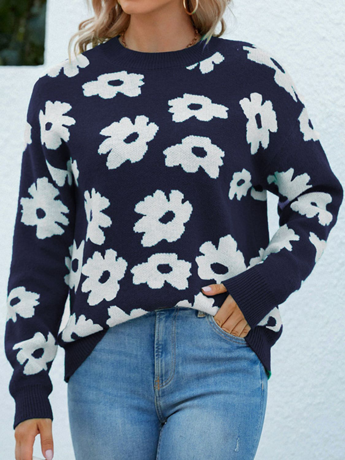 Floral Round Neck Sweater - Pahabu - Women's Clothing & Shop