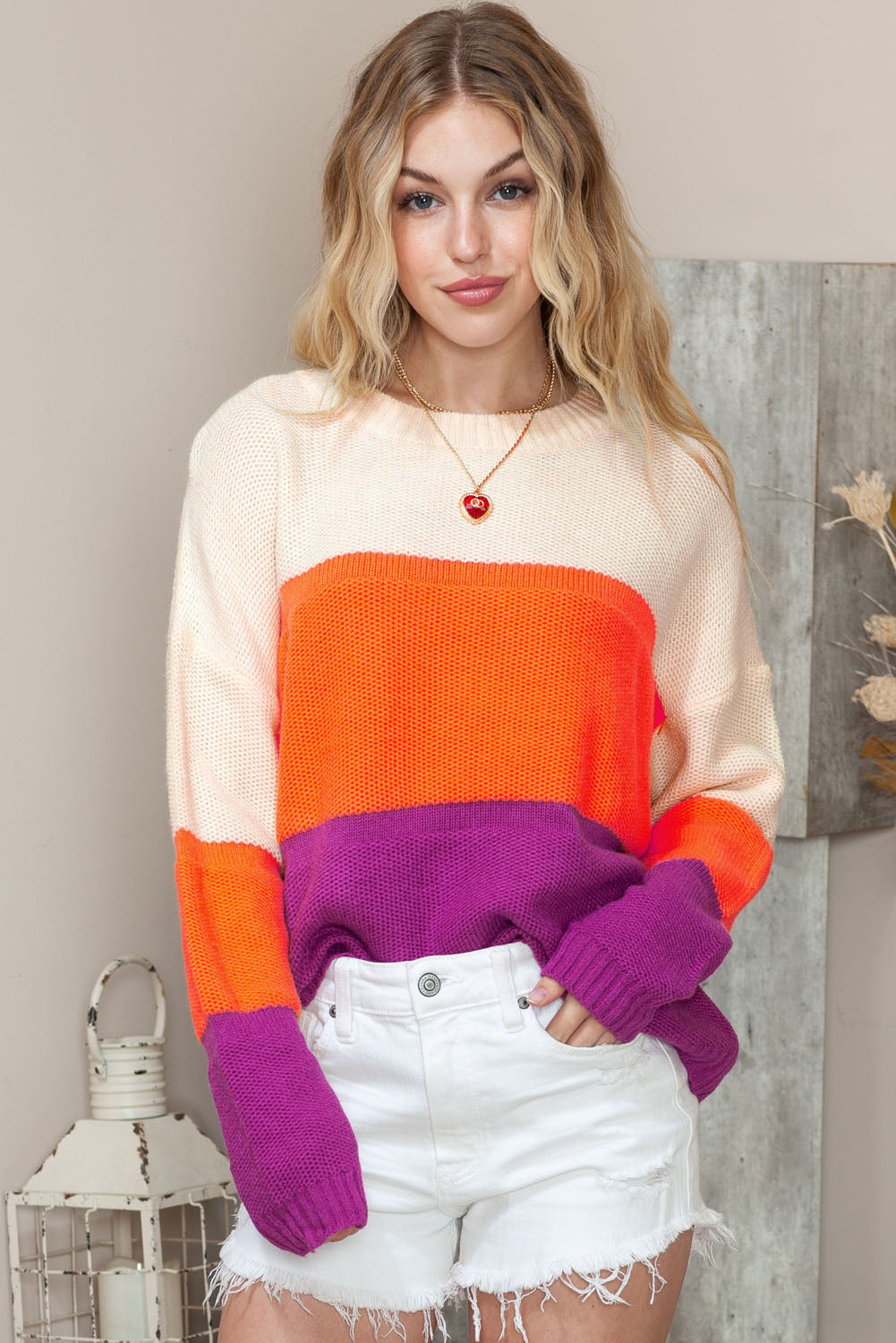 Round Neck Color Block Sweater - Pahabu - Women's Clothing & Shop