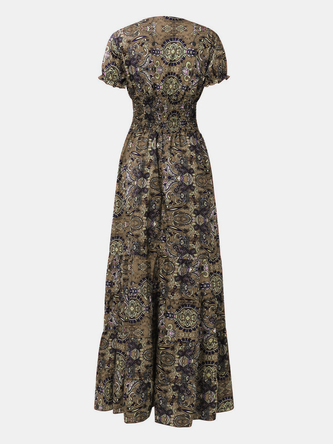 Full Size Smocked Printed V-Neck Short Sleeve Dress - Pahabu - Women's Clothing & Shop