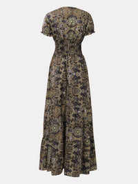 Full Size Smocked Printed V-Neck Short Sleeve Dress - Pahabu - Women's Clothing & Shop