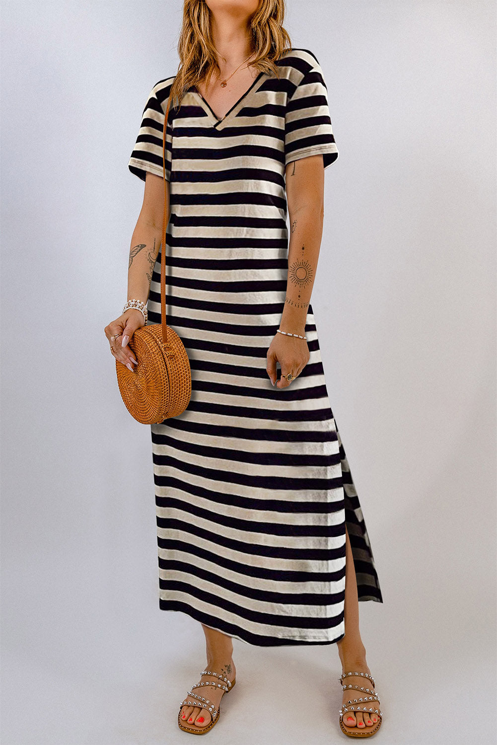 Striped V-Neck Short Sleeve Side Slit Dress - Pahabu - Women's Clothing & Shop