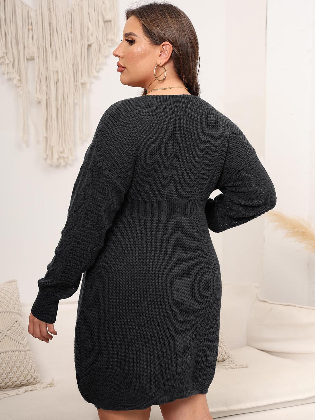 Plus Size Dropped Shoulder Long Sleeve Knit Mini Dress - Pahabu - Women's Clothing & Shop