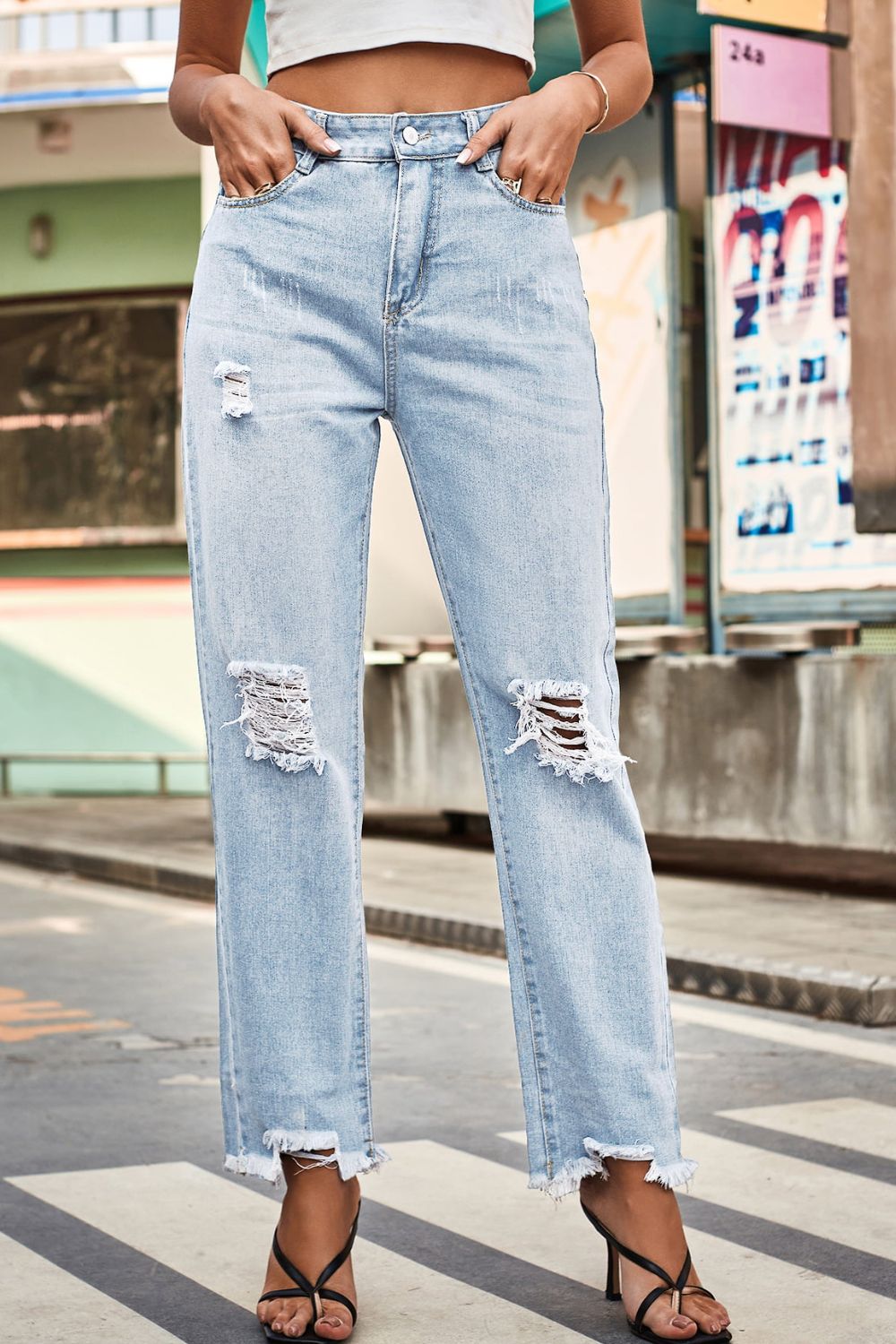 Distressed Buttoned Loose Fit Jeans - Pahabu - Women's Clothing & Shop