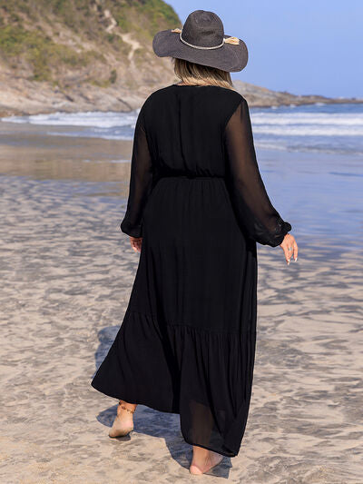 Plus Size Embroidered Tie Neck Long Sleeve Dress - Pahabu - Women's Clothing & Shop