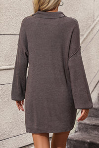 Collared Neck Long Sleeve Sweater Dress with Pockets - Pahabu - Women's Clothing & Shop
