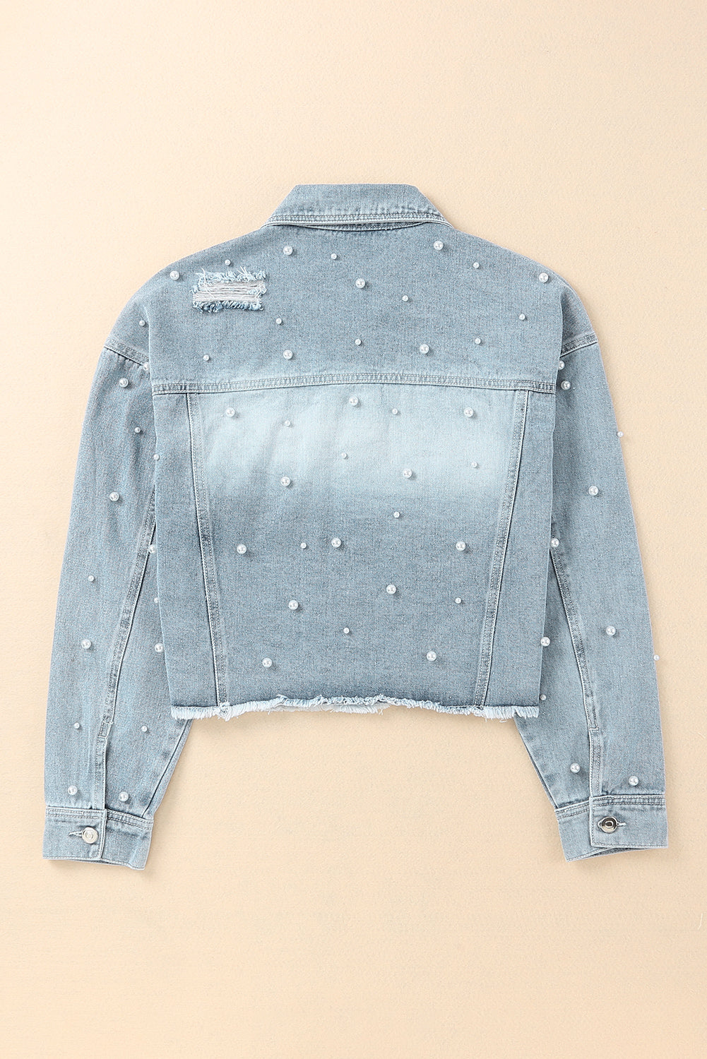 Distressed Pearl Trim Button Up Denim Jacket - Pahabu - Women's Clothing & Shop