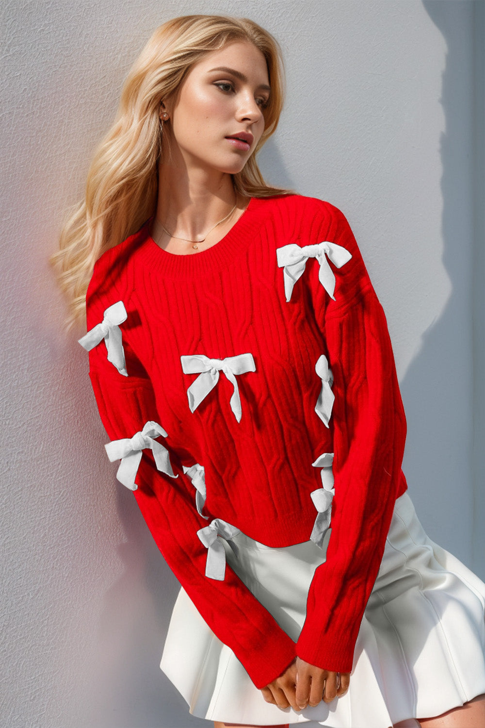 Double Take Full Size Bow Cable-Knit Round Neck Sweater - Pahabu - Women's Clothing & Shop