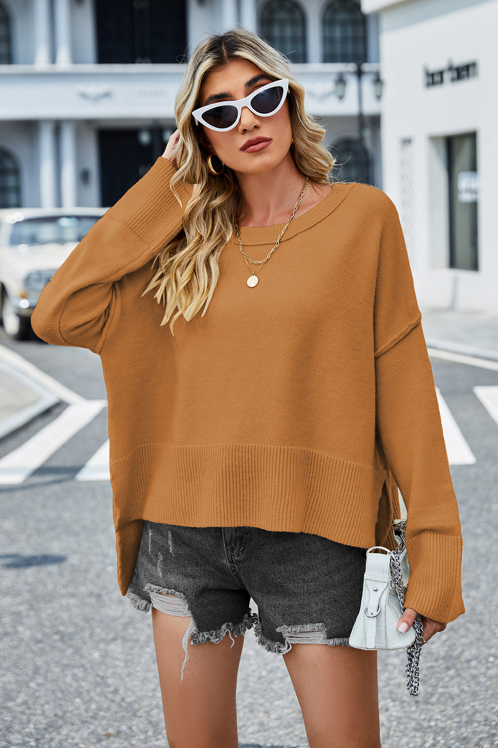 High-Low Slit Round Neck Long Sleeve Sweater - Pahabu - Women's Clothing & Shop