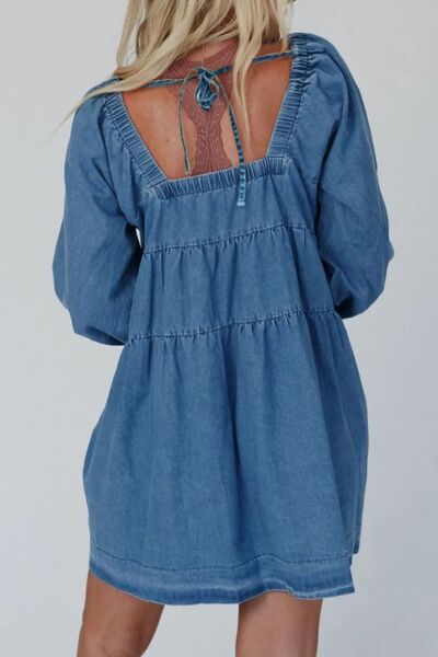 Tied Square Neck Long Sleeve Denim Dress with Pockets - Pahabu - Women's Clothing & Shop