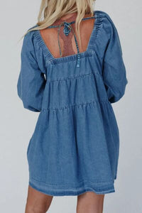 Tied Square Neck Long Sleeve Denim Dress with Pockets - Pahabu - Women's Clothing & Shop