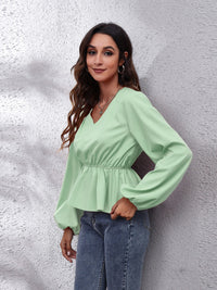 V-Neck Balloon Sleeve Peplum Blouse - Pahabu - Women's Clothing & Shop