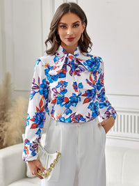 Floral Tie Neck Long Sleeve Blouse - Pahabu - Women's Clothing & Shop