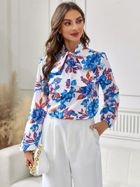 Floral Tie Neck Long Sleeve Blouse - Pahabu - Women's Clothing & Shop