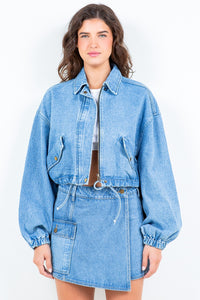 American Bazi Drawstring Waist Crop Denim Jacket