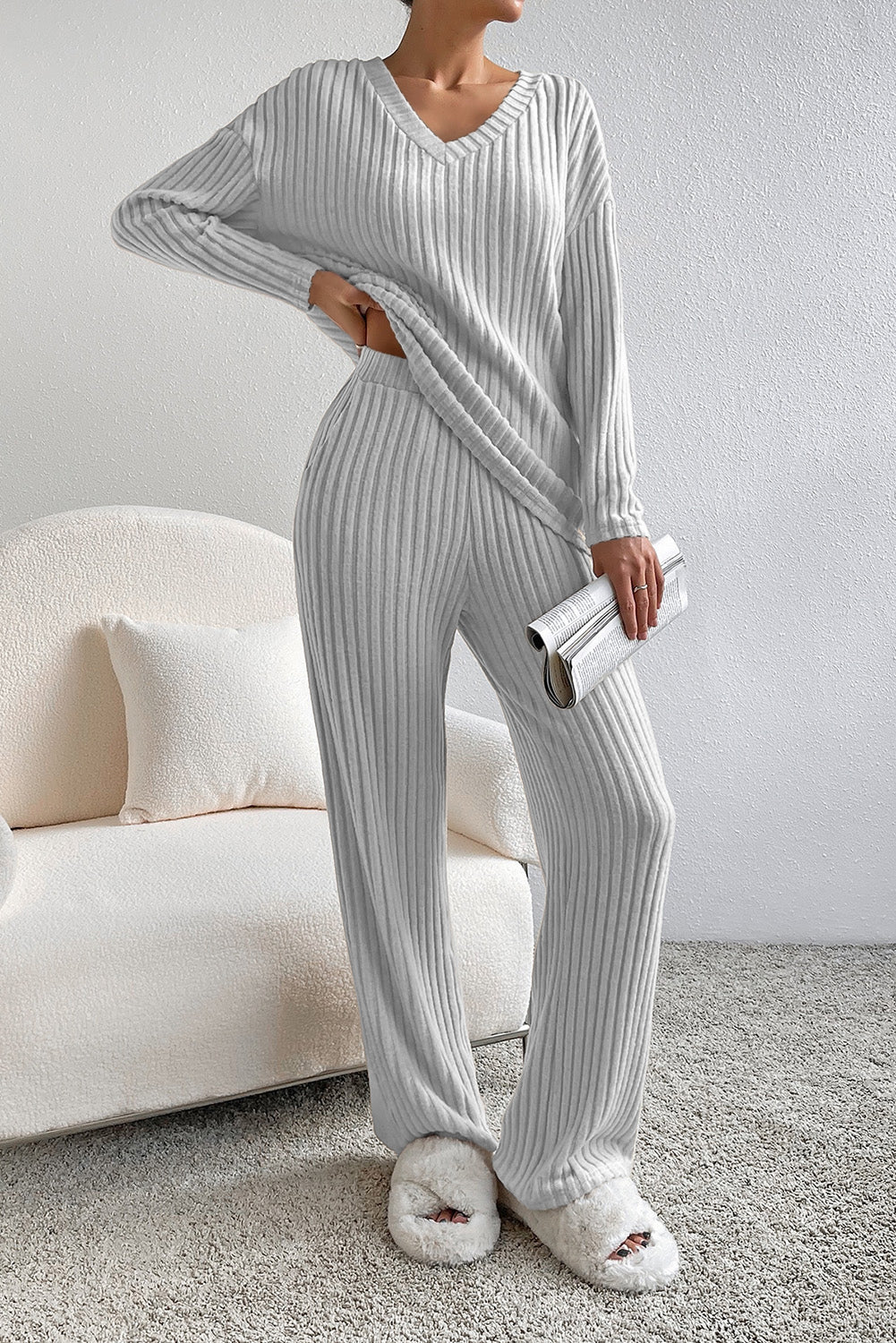 Ribbed V-Neck Top and Pants Lounge Set - Pahabu - Women's Clothing & Shop
