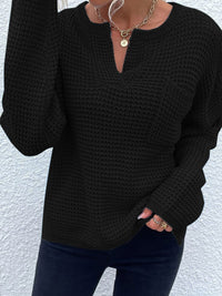 Notched Long Sleeve Sweater - Pahabu - Women's Clothing & Shop