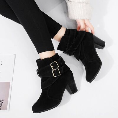 Suede Block Heel Ankle Boots - Pahabu - Women's Clothing & Shop