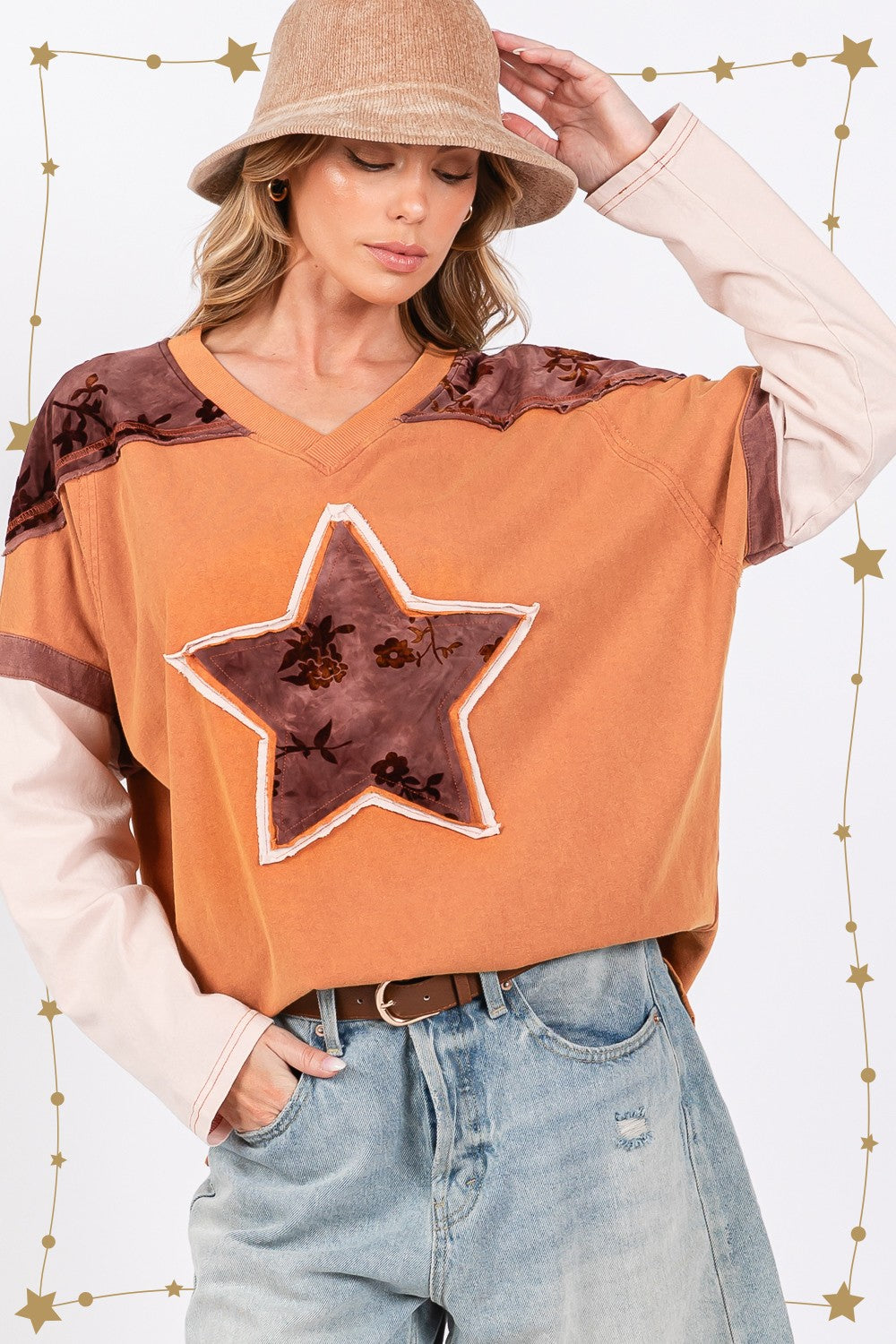 SAGE + FIG Star Patch Long Sleeve Color Block T-Shirt