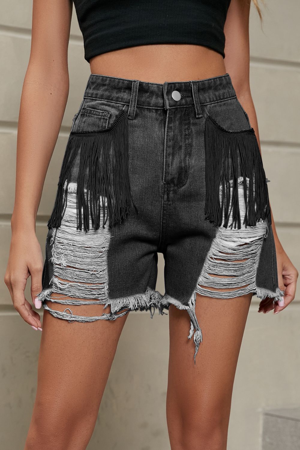Fringe Trim Distressed Denim Shorts with Pockets - Pahabu - Women's Clothing & Shop