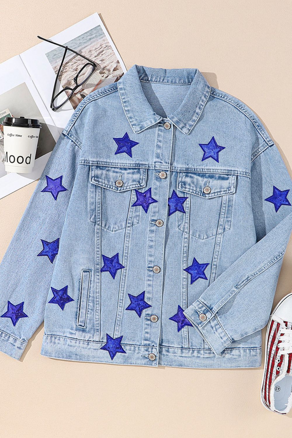 Pocketed Geometric Collared Neck Denim Jacket - Pahabu - Women's Clothing & Shop