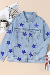 Pocketed Geometric Collared Neck Denim Jacket - Pahabu - Women's Clothing & Shop