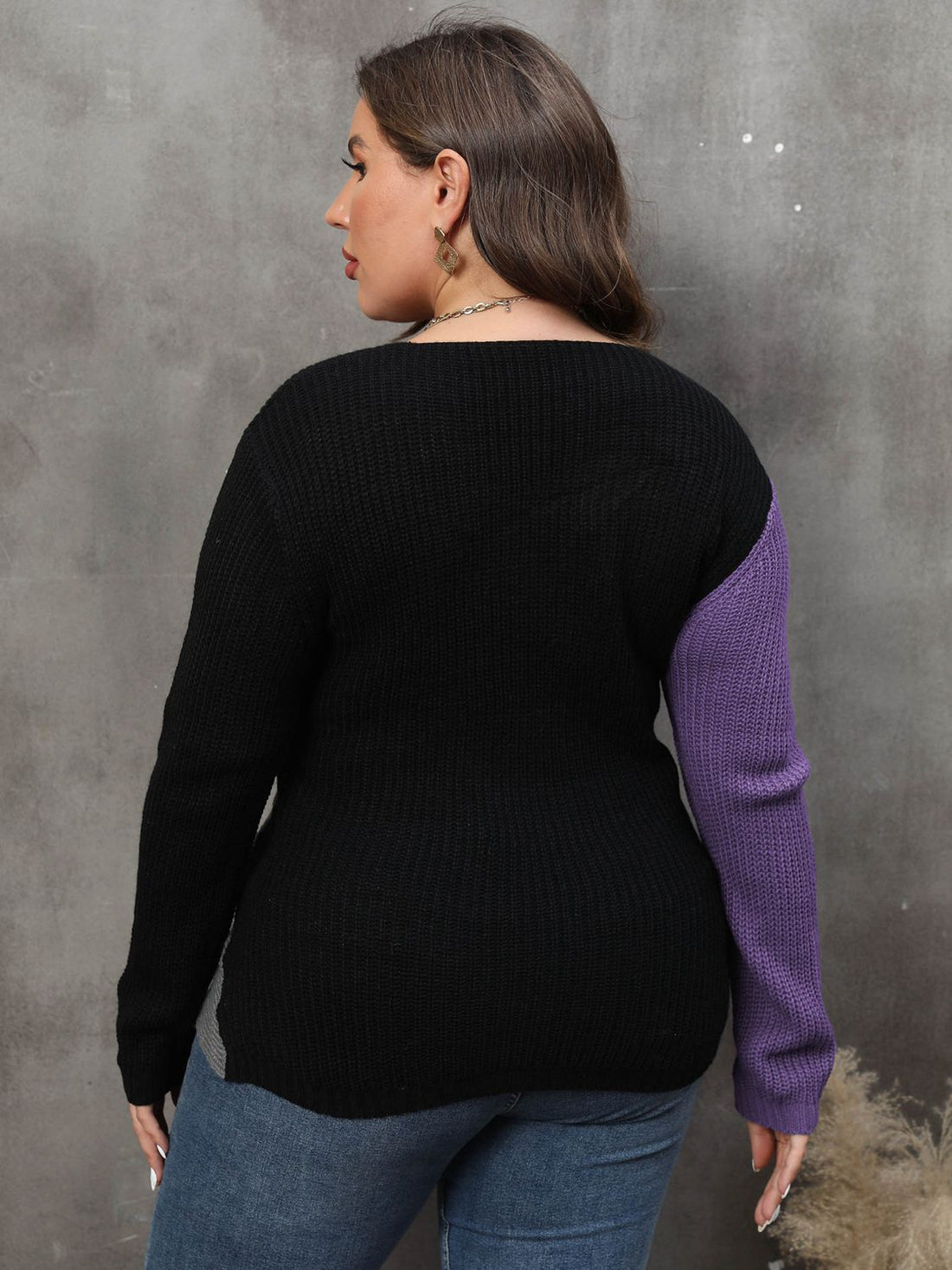 Plus Size Two-Tone Surplice Neck Sweater - Pahabu - Women's Clothing & Shop