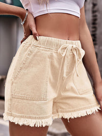 Drawstring Raw Hem Denim Shorts - Pahabu - Women's Clothing & Shop
