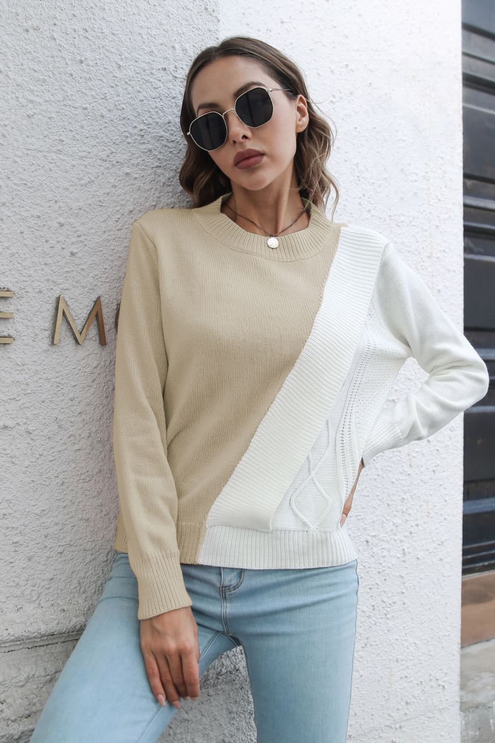 Contrast Color Round Neck Long Sleeve Sweater - Pahabu - Women's Clothing & Shop