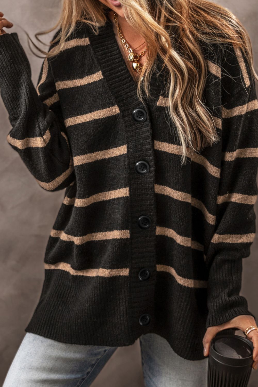 Striped Button Down Long Sleeve Cardigan - Pahabu - Women's Clothing & Shop