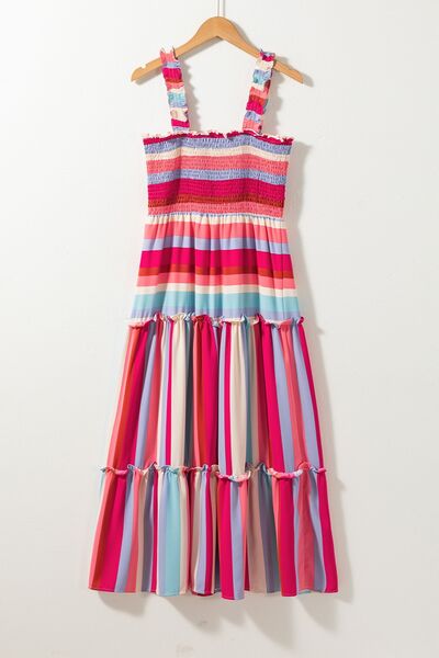 Striped Frill Smocked Tiered Midi Dress - Pahabu - Women's Clothing & Shop