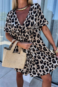 Cutout Back Leopard V-Neck Short Sleeve Mini Dress - Pahabu - Women's Clothing & Shop