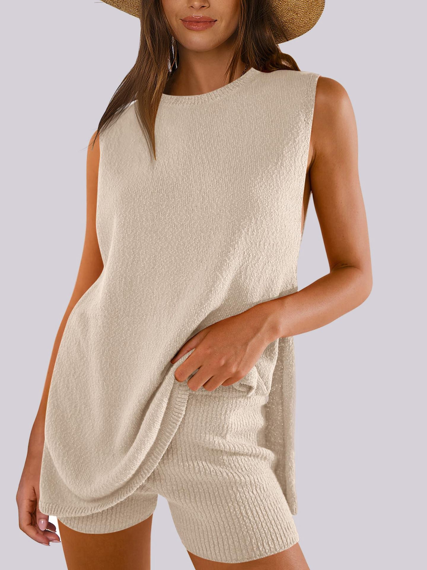 Mandy Side Slit Round Neck Tank and Shorts Sweater Set - Pahabu - Women's Clothing & Shop