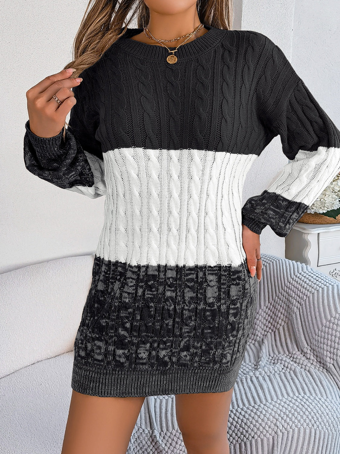 Cable-Knit Round Neck Color Block Sweater Dress - Pahabu - Women's Clothing & Shop