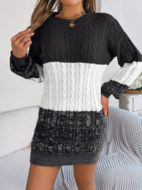 Cable-Knit Round Neck Color Block Sweater Dress - Pahabu - Women's Clothing & Shop