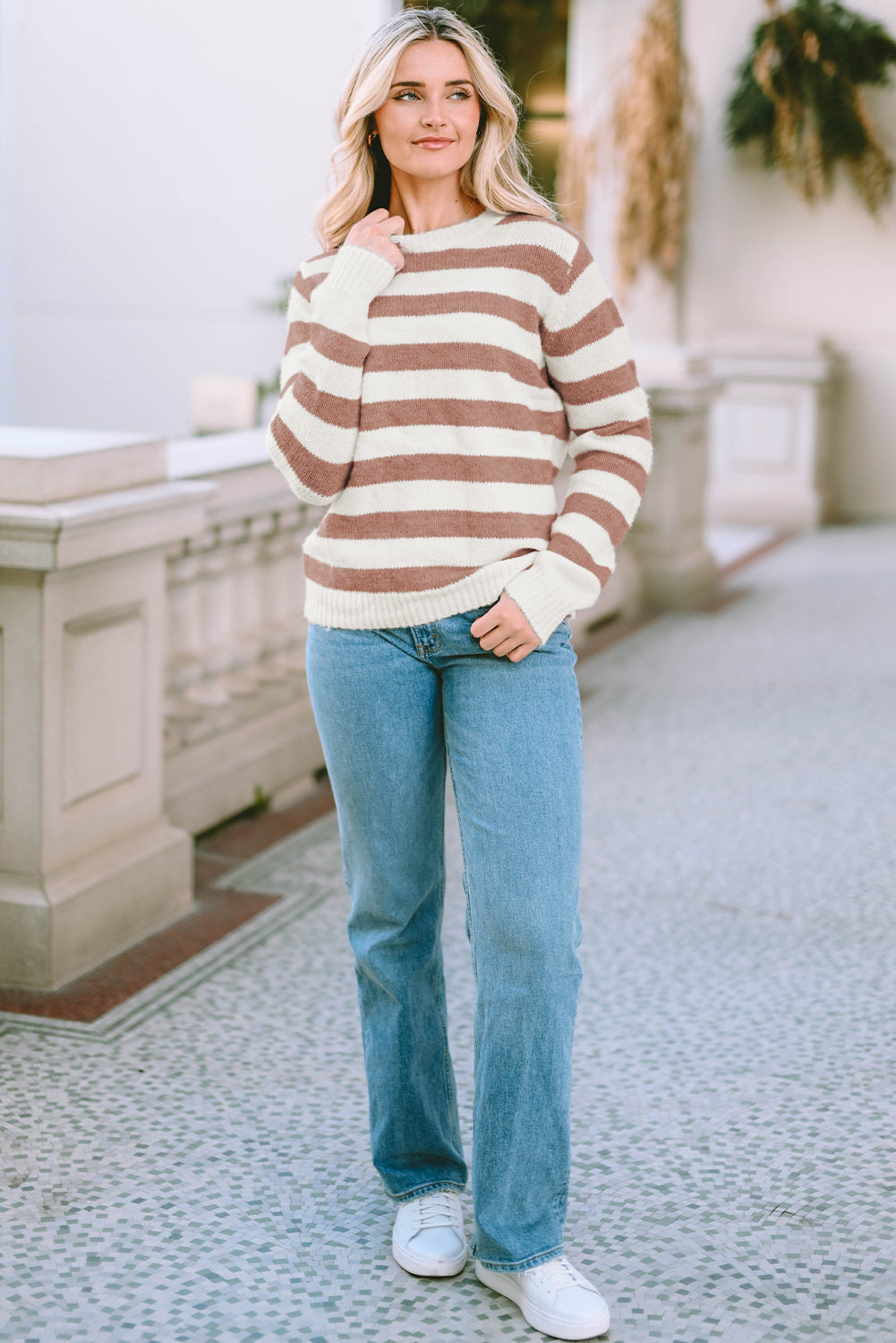 Striped Round Neck Long Sleeve Sweater - Pahabu - Women's Clothing & Shop